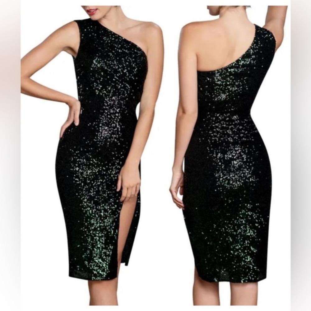 Dress the Population NWT One Shoulder Sequin Midi Dress Black Green Iridescent